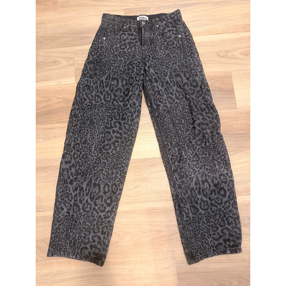 Etica Sade Jean Women 26 Grey Leopard Print Wide Leg High Rise Denim EW129-875